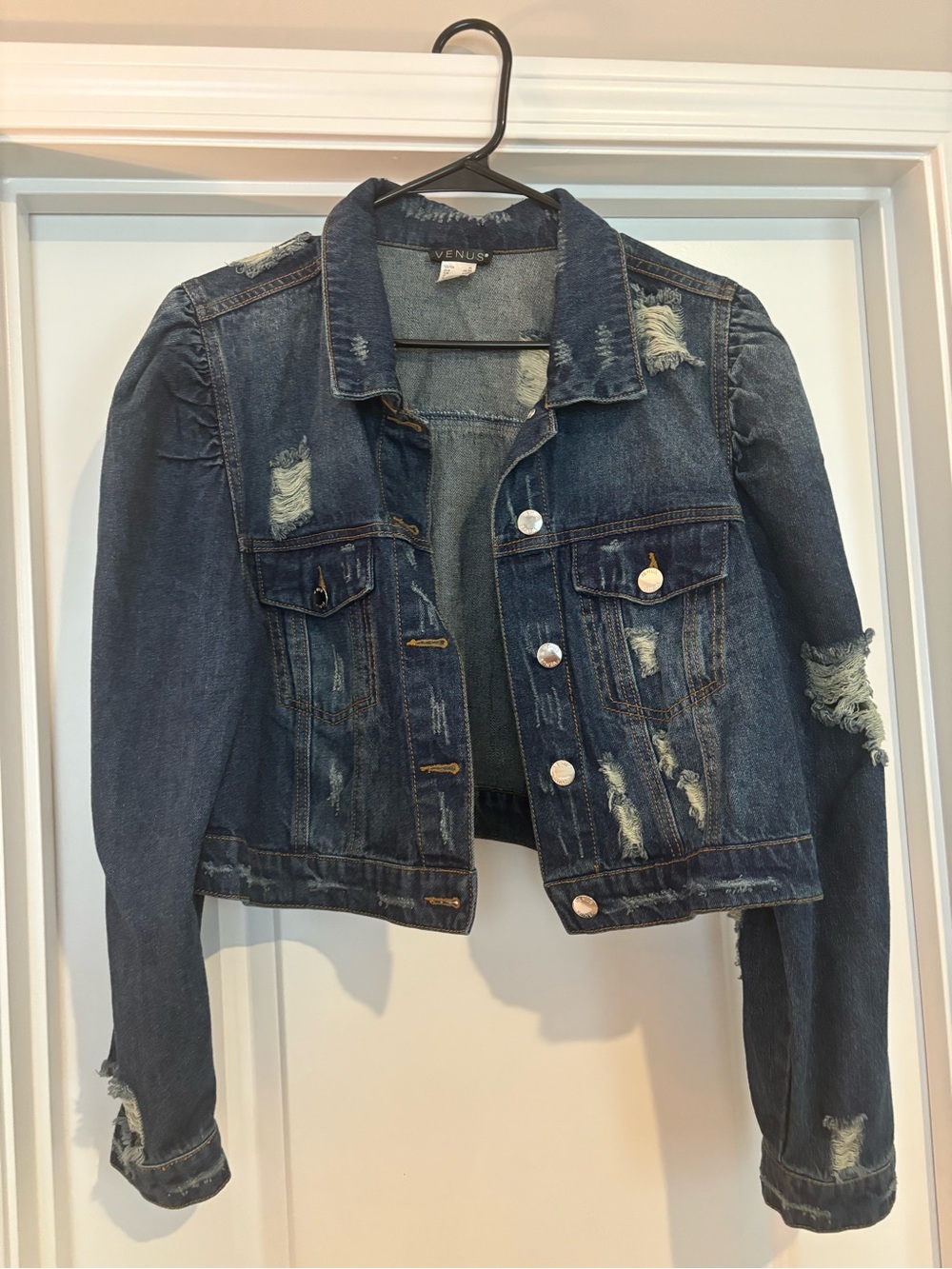 VENUS Dark Blue Distressed Cropped Denim Jacket